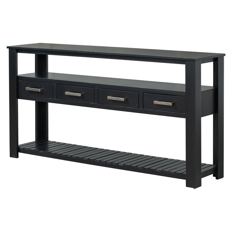 Table console moderne pour salon avec 4 tiroirs et 2 tablettes, Noir, noir, noir, noir