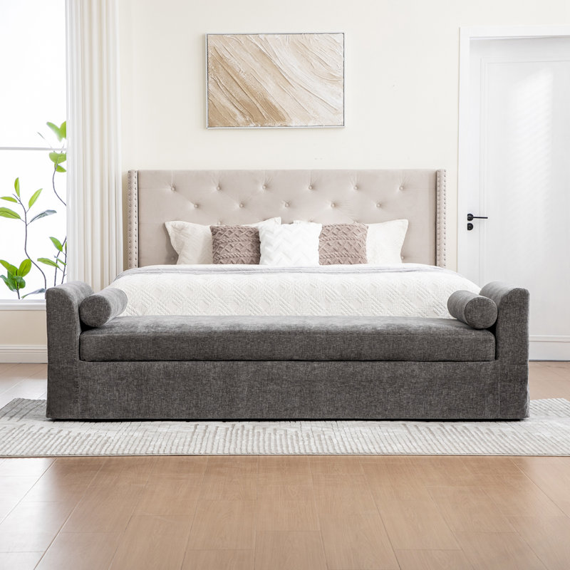 Banc rembourré en chenille avec 2 coussins, Gris