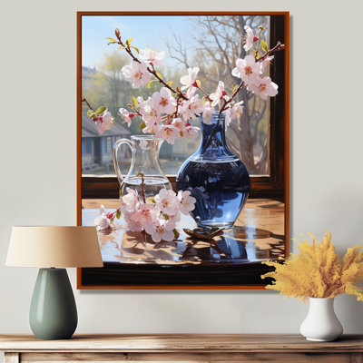 Nature morte, fleurs de cerisier roses, vase bleu - bouquets assortis
