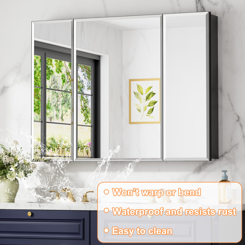 40'' W x 30'' H Aluminum Framed Medicine Cabinet with Mirror, Recessed or Surface Mount Bathroom Vanity Cabinet with Adjustable Tempered Glass Shelf, Large Storage Space (Black)