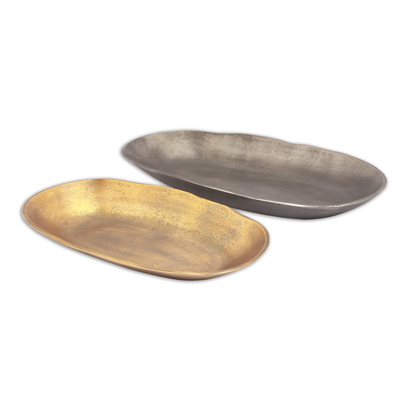 Ensemble de 2 plateaux ovales gris et laiton