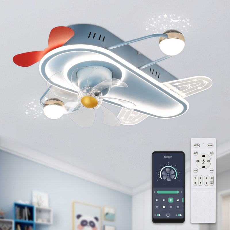 25" 7- Blade LED Flush Mount Ceiling Fan with Remote Control and Light Kit Blue Aircraft Fanfor Kidroom