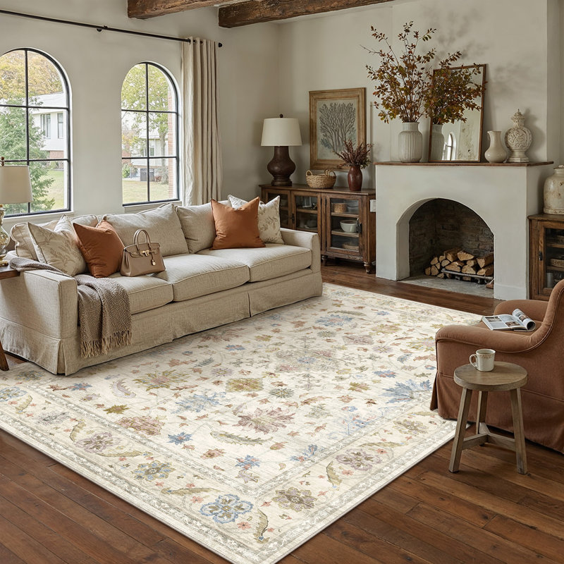 Samuel Modern Floral Washable Area Rug With Non-Slip Backing, Rectangle 9' x 12'