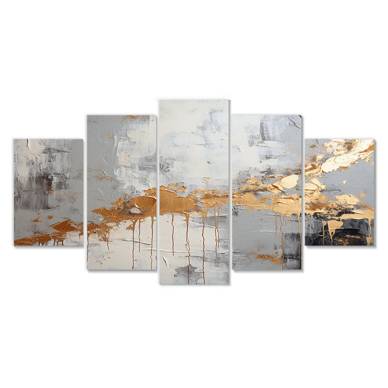 «Gilded Elegance» noir et gris - ensemble d'art mural abstrait 5 pièces, H 32 po x l 60 po