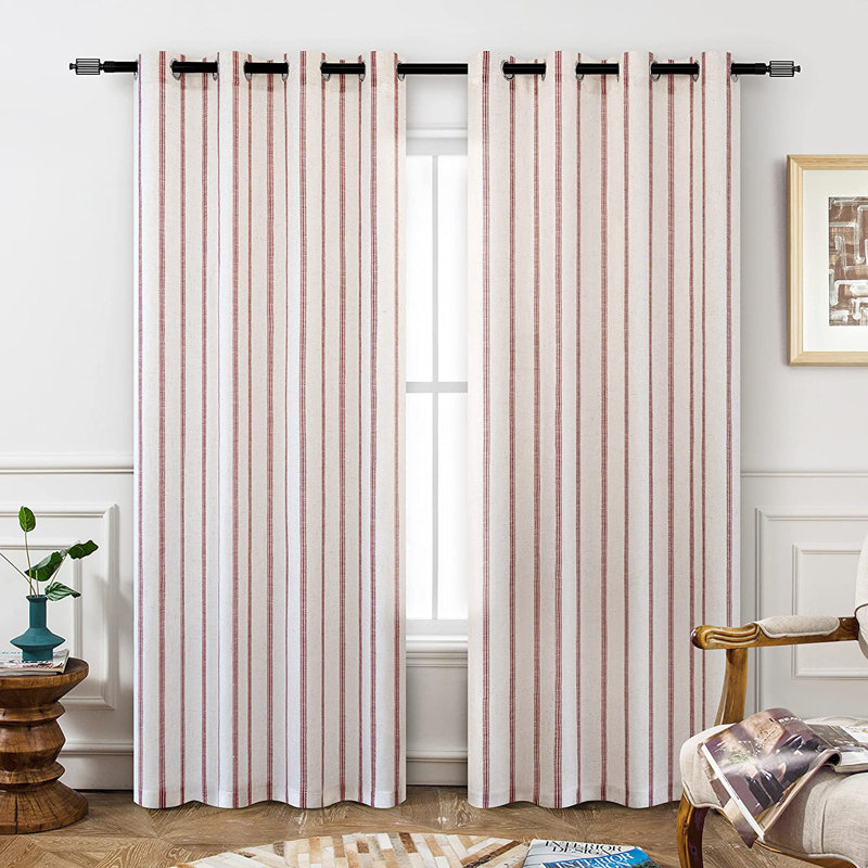 Blackout Curtain Pair, Red Stripe/Light Linen, 52" W x 90" L
