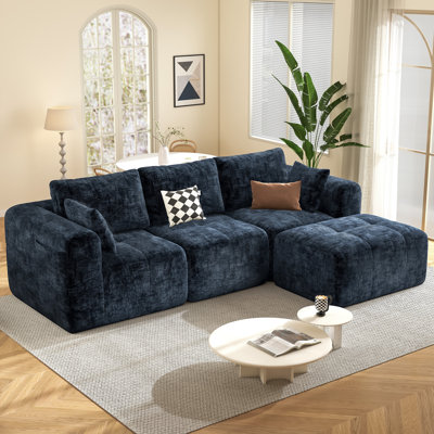 109" Boneless Couches For Living Room, L Shaped Modular Sectional Couch With Deep Seat, 3 Seater Large Sofas With Ottoman, Blue Chenille Cozy Cloud Couch In A Box, No Assembly