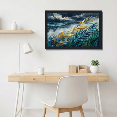 Or et algues bleu sarcelle sur fond d'océan bleu foncé, art sur toile