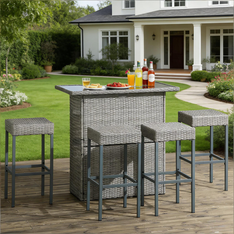 Ensemble de bar 5 pièces en osier avec plateau en verre et 4 chaises