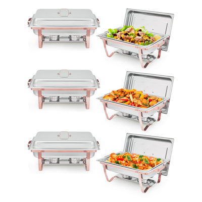 6PCS 8QT Rectangular Stainless Steel Chafing Dish Set Rose Gold Finish Buffet Food Warmer with Lid Collapsible Frame for Party Wedding Commercial Catering Supplies