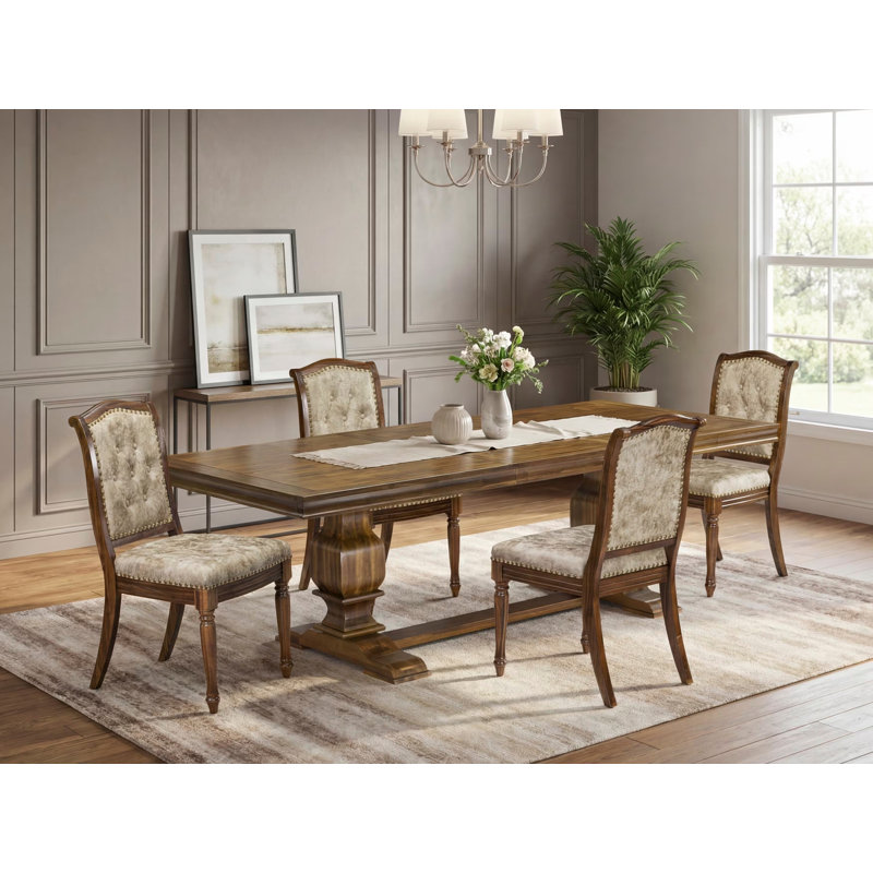 Cet ensemble de salle à manger moderne 5 pièces comprend une table de cuisine rectangulaire et 4 chaises de salle à manger en similicuir beige clair au fini noyer antique