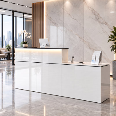  87.2" Modern Reception Desk with LED Lighting, Lockable Drawer, File Storage, Built-In Power Outlets, Keyboard Tray, Cable Management and Left Privacy Panel for Office, Salon and Retail