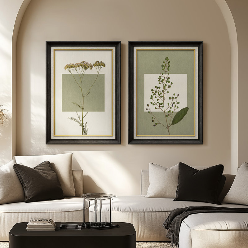 Botanical Green Herb Study Pair - Set of 2 Premium Framed Wall Art Print on Paper 26"x36", Black