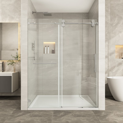 Porte de douche sans cadre de 68 po à 73 po x l 76 po Kavrton, porte de douche coulissante simple en noir mat, verre trempé transparent certifié Sgcc de 3/8 po (10 mm) avec barre à serviettes Kavrton