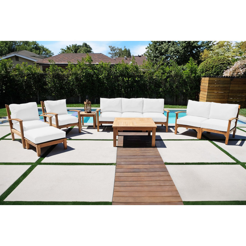 Ensemble de conversation pour patio en teck avec coussins Huntington, Table, Deluxe SF, LS, Ottoman, 2 Chairs, E-Table