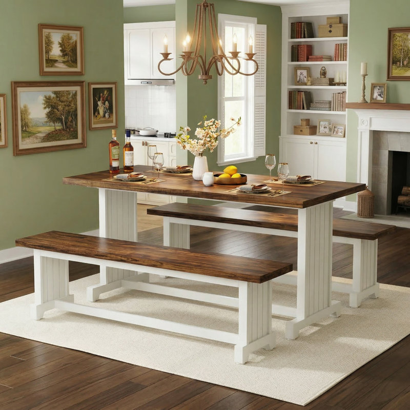 Chakelia Dining Table Set with Benches, White/Brown