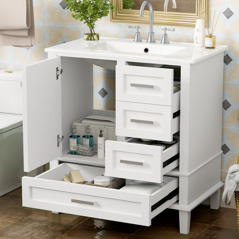 Meuble-lavabo de 30 po de style moderne - blanc avec structure en bois massif. Évier équipé, 3 tiroirs et porte pour un élégant meuble à cadre de meuble-lavabo. Fonctionnel