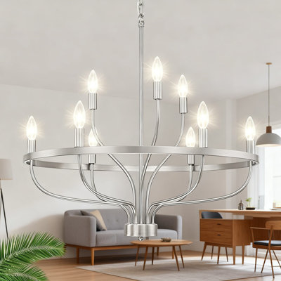 9-Light Brushed Nickel Chandelier, Vintage Farmhouse Ceiling Light Fixture With Adjustable Height For Dining Room, Living Room, Entryway, Bedroom And Foyer