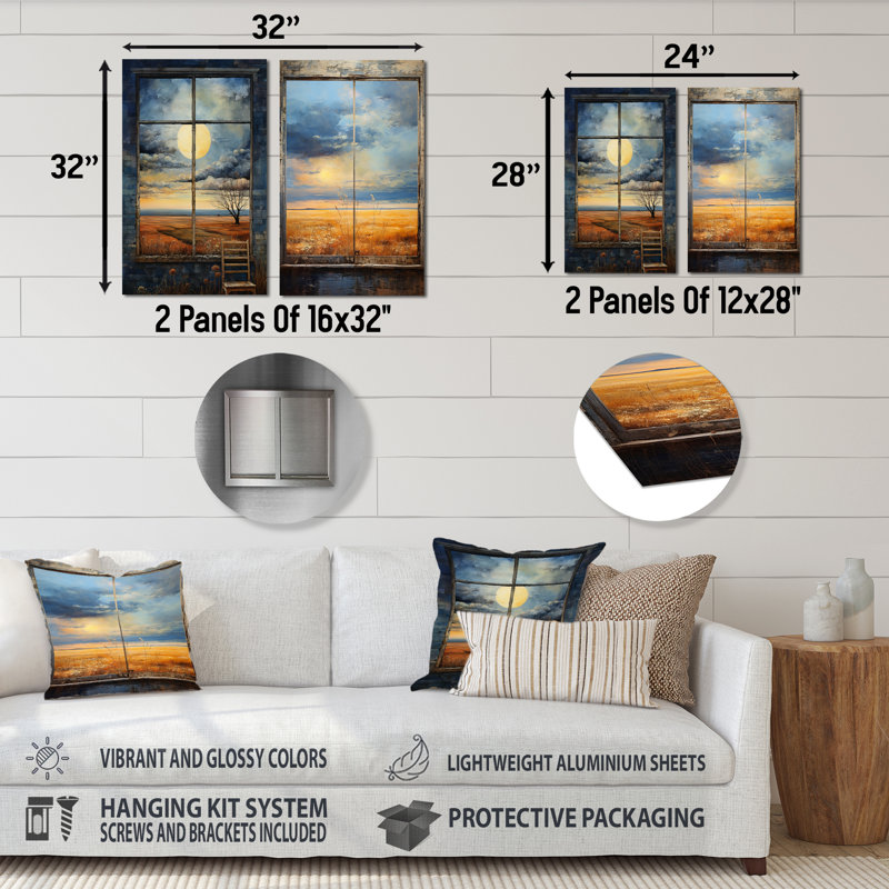 Meadow Horizon Farmhouse Windows II - Ensemble de 2 reproductions d'art mural en métal, H 28 po x l 24 po