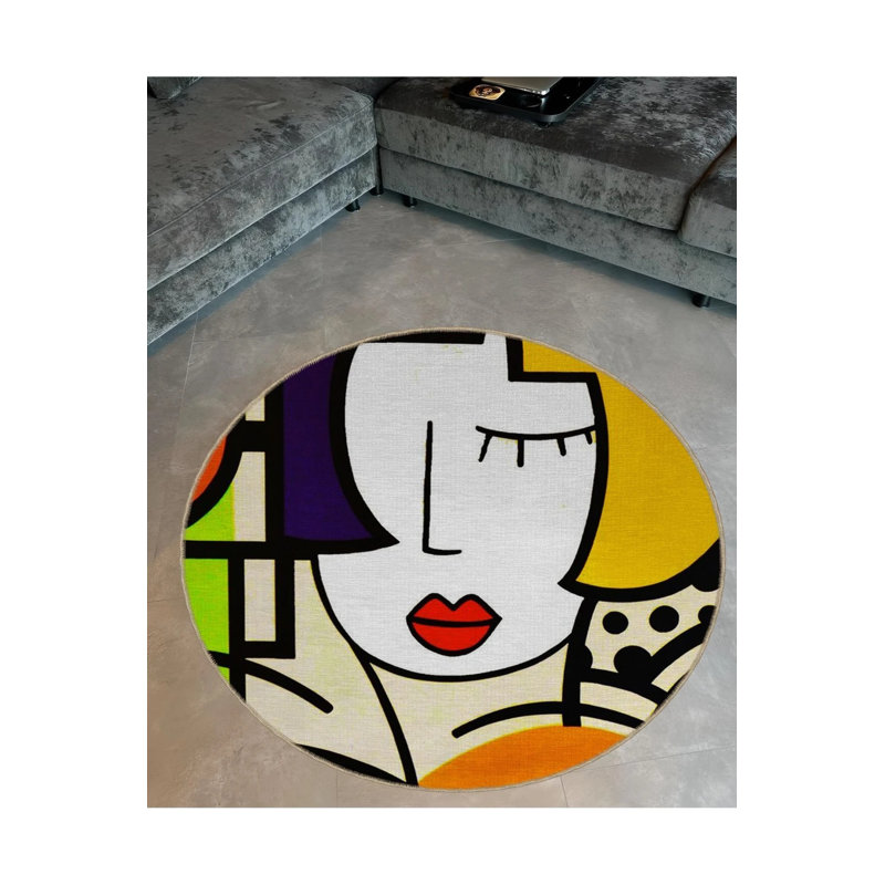 Multicolored Abstract Portrait Face Patterned Round Woven Base Modern Decorative Carpet, Round 4'
