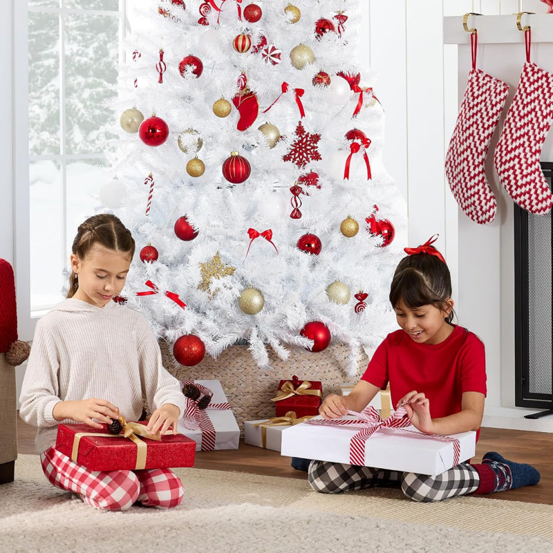 Arbre de Noël pin artificiel articulé blanc en PVC de 6 à 9 pi avec embouts de branches denses et support en métal robuste, décoration de Noël personnalisable pour le bureau à domicile et la présentation hivernale