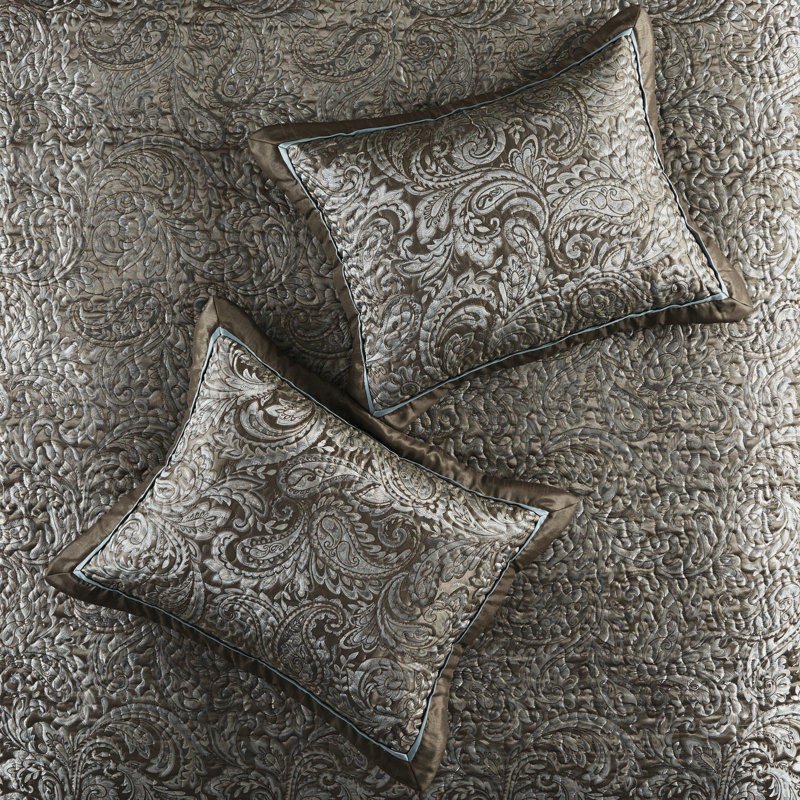 Bedspread Featuring Embroidery With Pillows In Splendid, Blue/Brown, King Comforter + 2 Shams + 2 Decorative Pillows