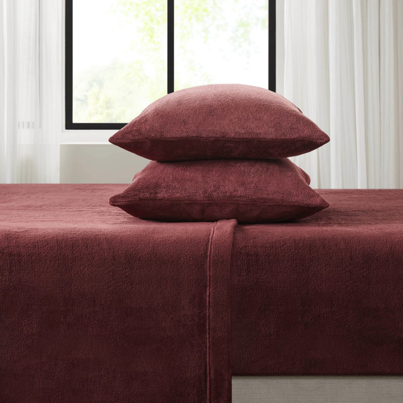 Très grand drap, 4 pièces bourgogne, 100% confortable et brossé des deux côtés, livré avec un drap plat, 2 taies d'oreiller ajustées, pour matelas de 16 po, en velours