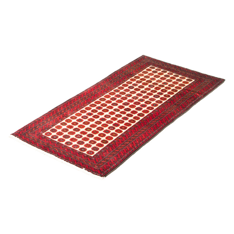 Tapis crème / rouge en laine noué à la main de conception unique 2 pi 10 po x 5 pi 9 po New Age