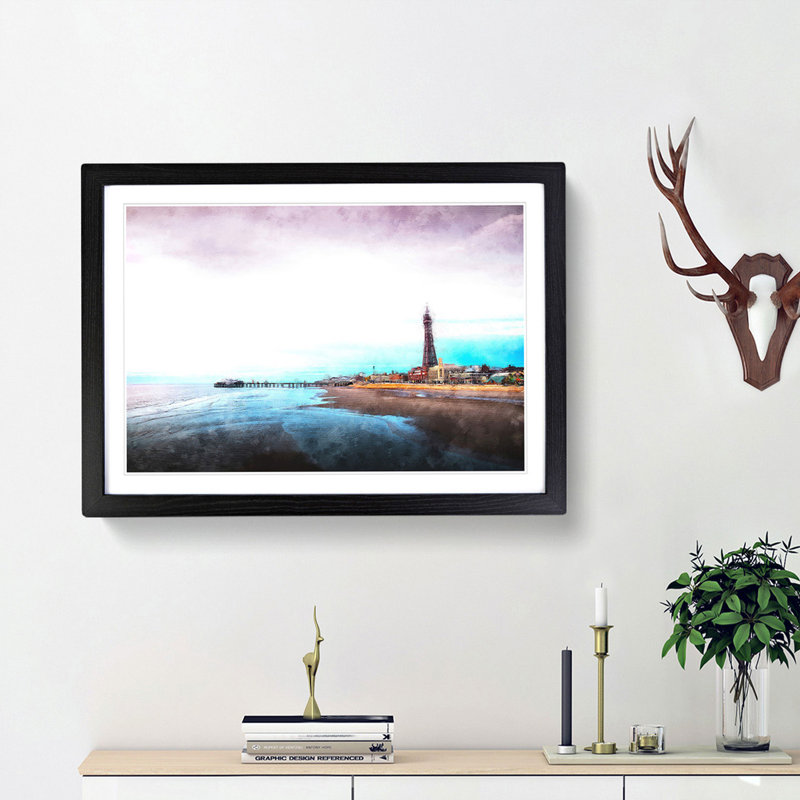 Blackpool Tower & Beach Painting - Single Picture Frame Print on MDF, 33cm H x 45cm W x 2cm D, Walnut