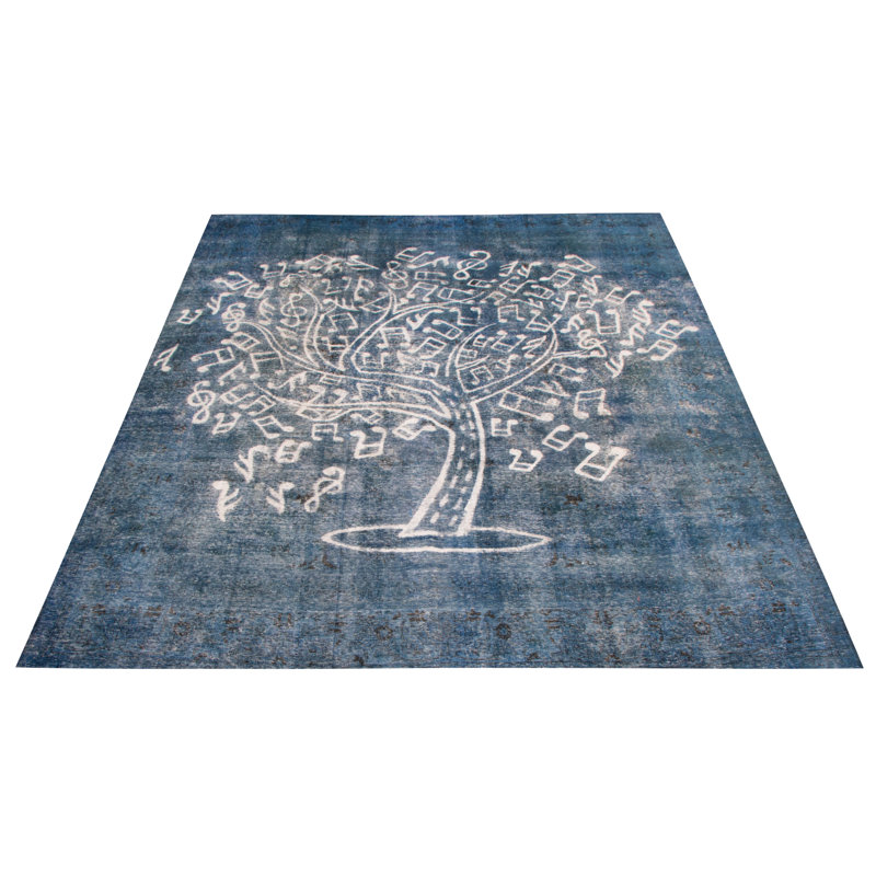 Tapis bleu foncé en laine noué à la main de conception unique 9 pi 5 po x 13 pi Isacc
