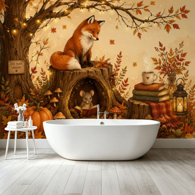 Peel and Stick Wallpaper Wall Mural Whimsical Woodland Scene Fox Mouse Autumn Leaves Wall Art Self Adhesive and Removable