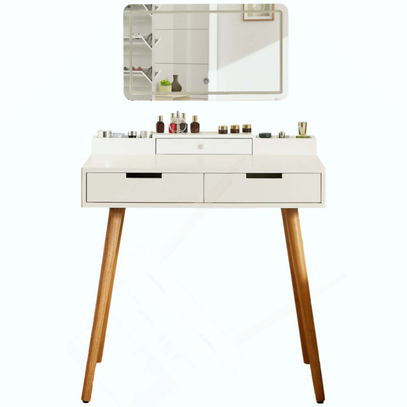 Bureau de maquillage avec miroir amovible et lumières, 3 modes de couleurs et coiffeuse à luminosité réglable, ensemble de petite coiffeuse avec 2 tiroirs pour la chambre à coucher