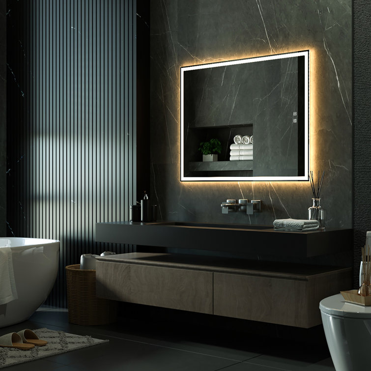 Orren Ellis LED Black Framed Bathroom Vanity Mirror, Illuminated Dimmable  Anti Fog Makeup Mirror, 3 Color Light & Reviews
