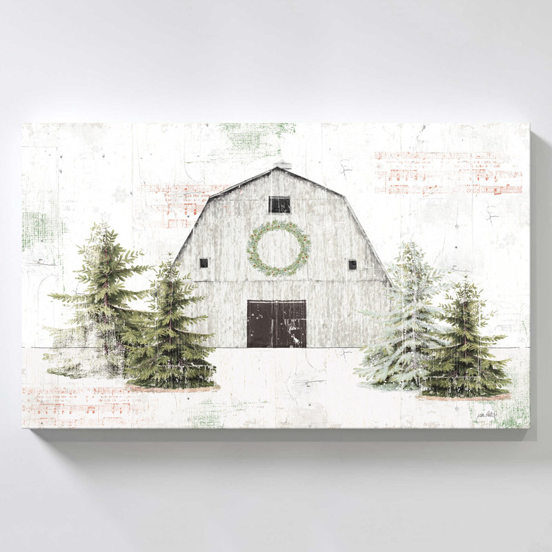"Wooded Holiday I Barn" par Katie pertiet, reproduction sur toile, H 28 po x l 48 po