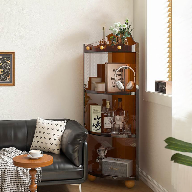 Armoire de coin élégante à demi-arc avec tablettes ouvertes, Brun ambré