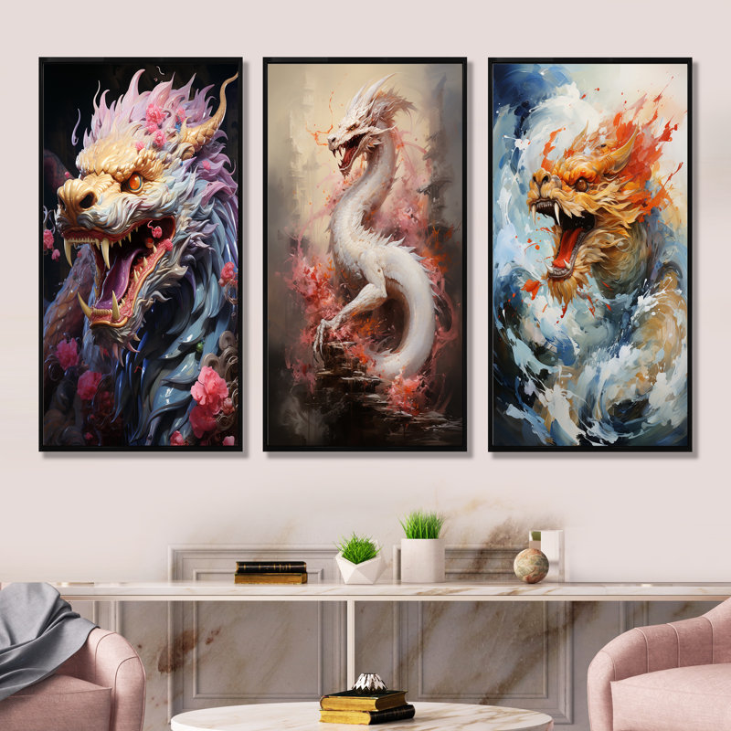 «China Dragon Dance I», ensemble de 3 reproductions d'art sur toile, Cadre flottant noir, H 40 po x l 60 po