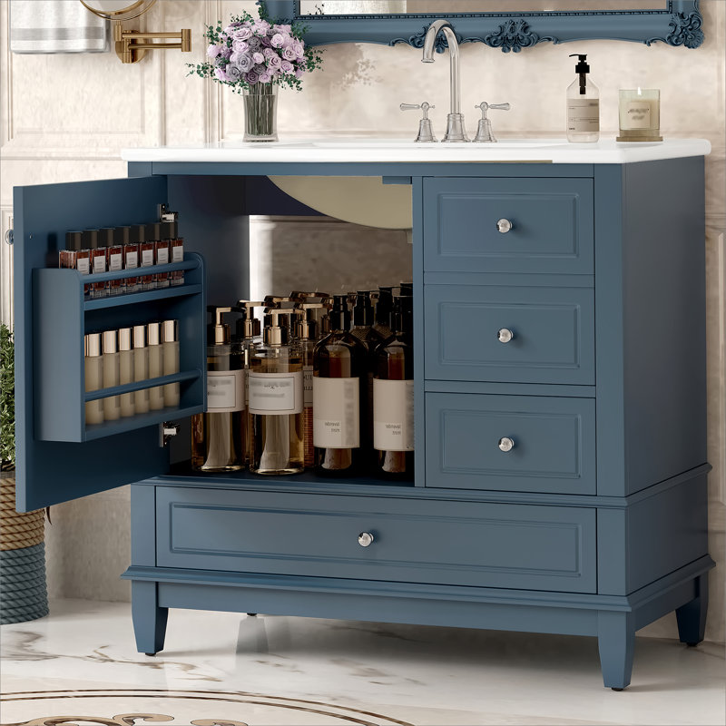 Bathroom Vanity With Ceramic Sink And 3 Drawers, Freestanding Vanity Cabinet With Shelves