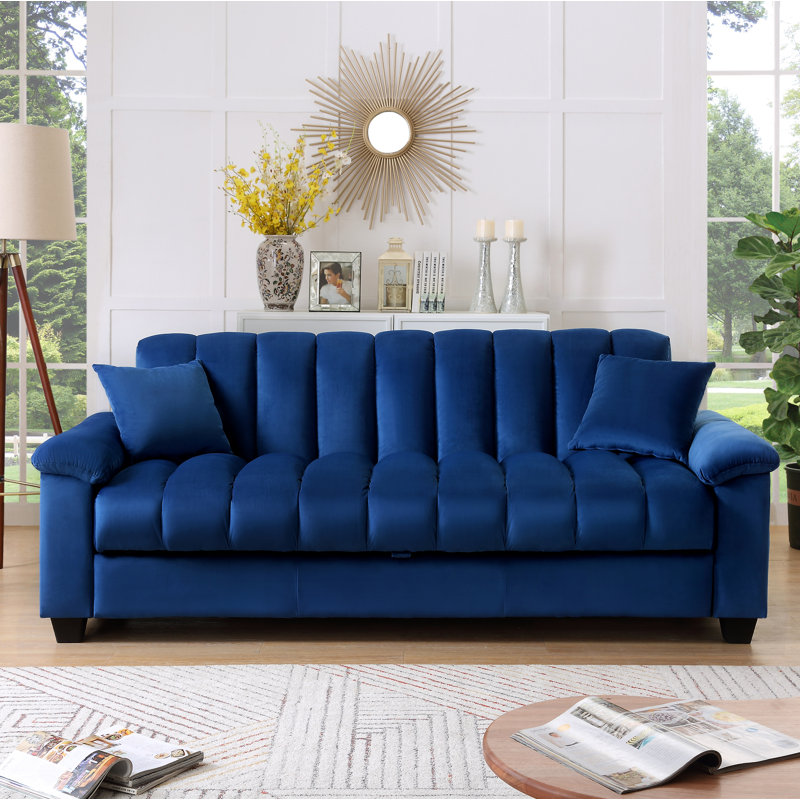 Full 82.7'' Wide Velvet Biscuit Back Convertible Sofa with Storage, Blue, 33.75" H x 82.7" W x 35.25" D