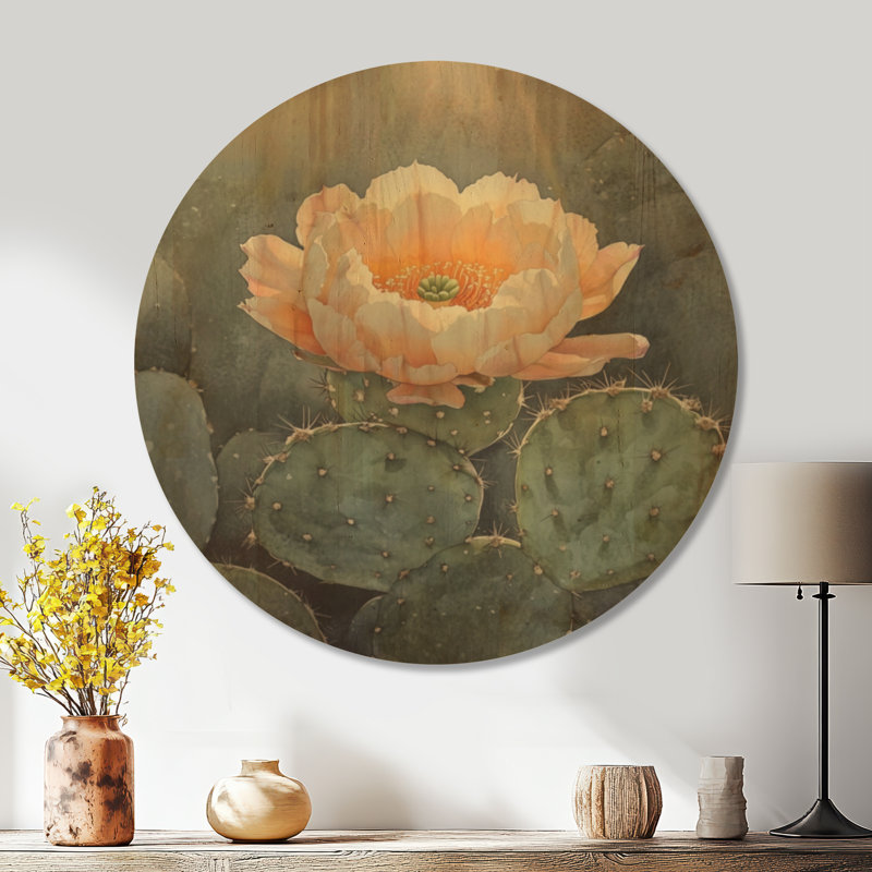 Cactus fleuri au soleil I - impression d'art mural rond en bois du sud-ouest, Rond 23 po, Round