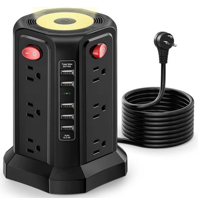10ft Extension Cord With 12 Ac Multiple Outlets, Surge Protector Power Strip Tower With 5 Usb Ports And Night Light, Passus Power Tower Overload Protection For Home Office Dorm Room Essentials(black)