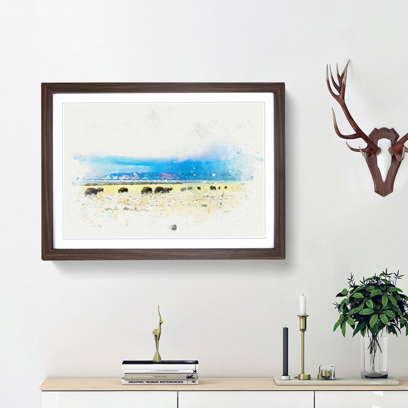 Grazing Bison in Utah in Abstract - Picture Frame Graphic Art Print, Walnut Framed, 27cm H x 36cm W x 2cm D