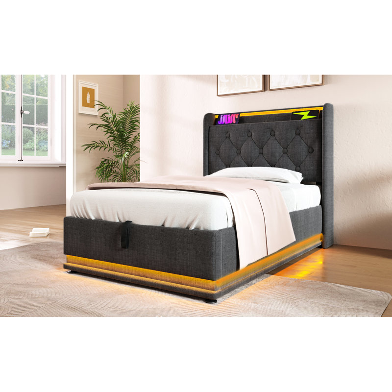 Twin Upholstered Bed With 360 Surround Led, Hydraulic Storage, Type-C, Gray Featuring Linen, Gray, Twin