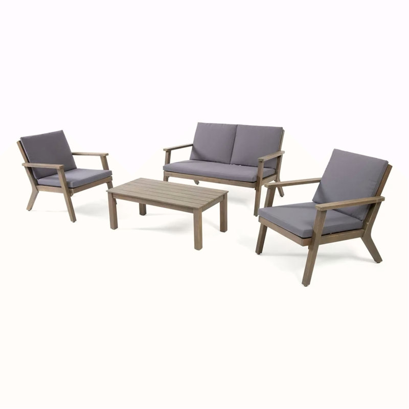 Ensemble de conversation d'extérieur 4 places en bois d'acacia avec causeuse, table basse et 2 fauteuils club - finition grise et coussins gris foncé
