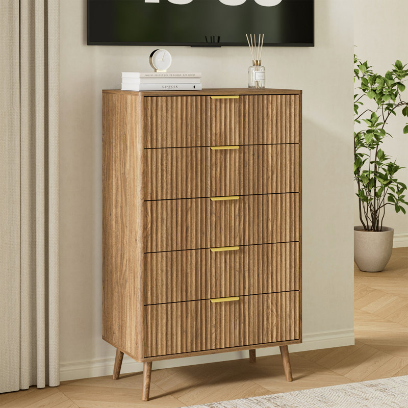 Fluted 5-Drawer Dresser For Bedroom, 28" Modern Chest Of Drawers With Deep Drawers, Curved Profile Design, Wood Drawer Organizer For Living Room, Hallway, Nursery, Hallway Closet