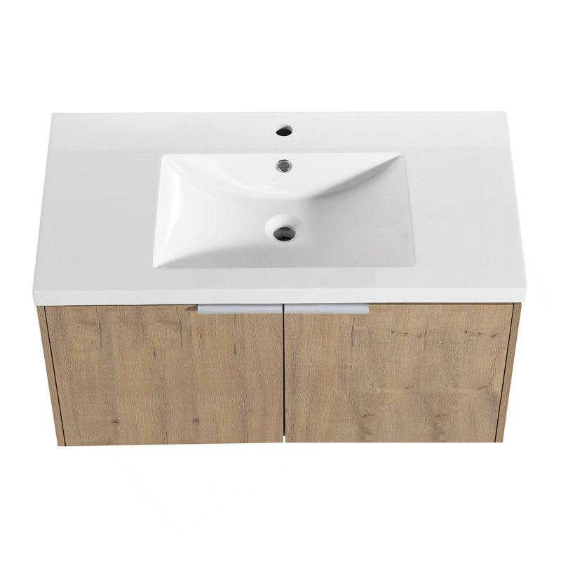 Meuble-lavabo élégant avec lavabo et porte à fermeture en douceur, offrant beaucoup de rangement et un look contemporain.