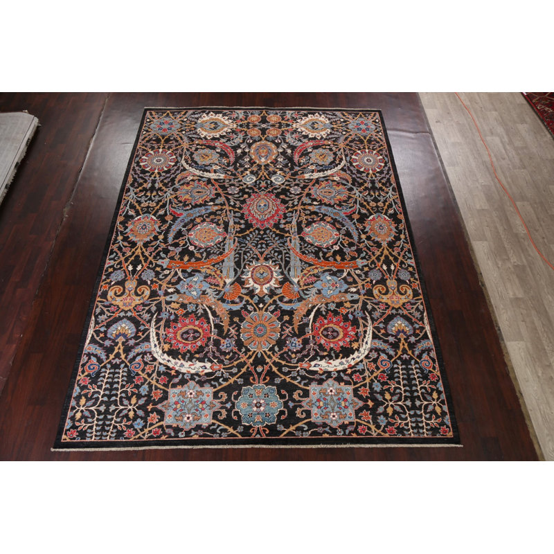 Tapis noir en laine noué à la main de conception unique 9 pi x 12 pi 1 po Ziegler