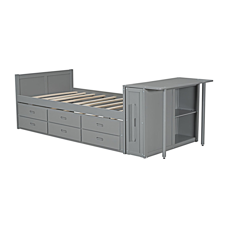 Lit moderne en bois multifonctionnel avec lit gigogne et tiroirs, gris