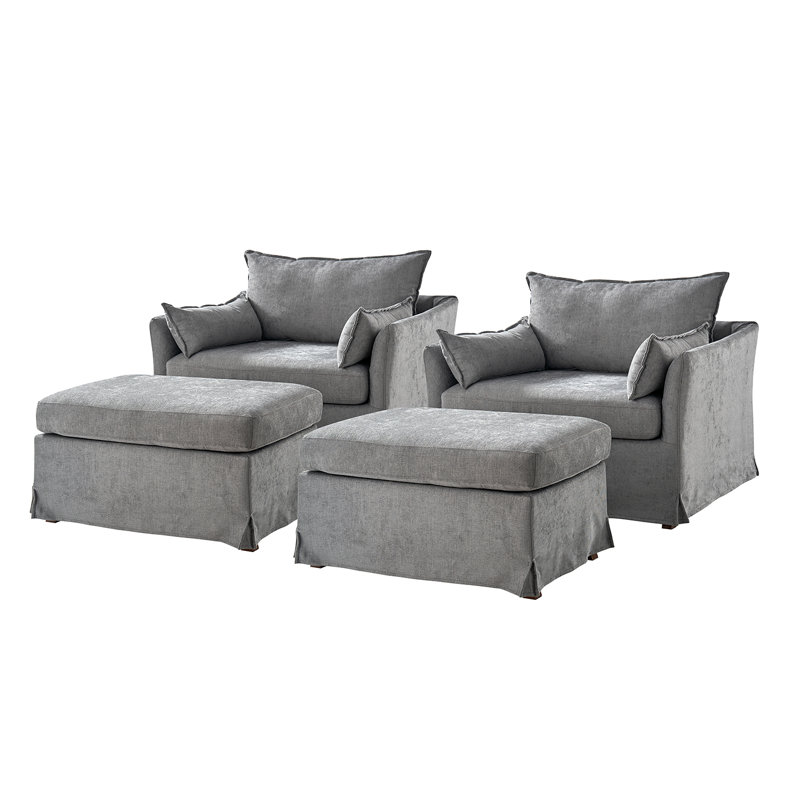 Myesheia 45"W Farmhouse Oversized Slipcovered Armchair With Ottoman and Casters, Gray Polyester