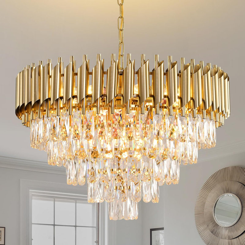 23.6" Luxury Brass Tiered Crystal Chandelier, Modern Round, E14 Base, Bulb Excluded