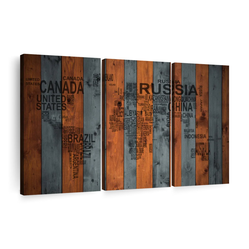 Carte du monde en bois, ensemble de 3 pièces sur bois, H 24 po x l 38 po x P 1,25 po