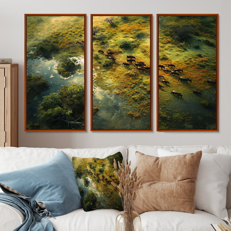 Castanon - ensemble d'art mural paysage africain, H 28 po x l 36 po x P 1 po, Cadre flottant brun
